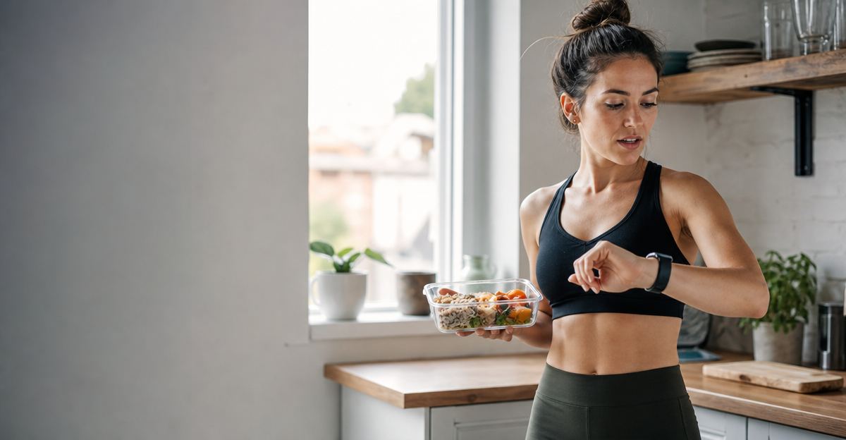 A busy professional looking at a fitness tracker while preparing a quick meal in a kitchen.
