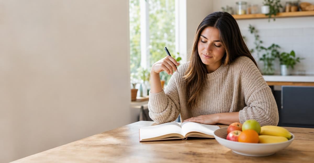 A person calmly reviewing their fitness progress in a notebook while sitting in a sunny kitchen.