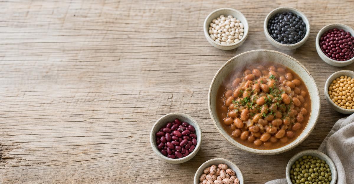 A close-up of a rustic wooden table featuring bowls of dried beans and a bowl of prepared beans.