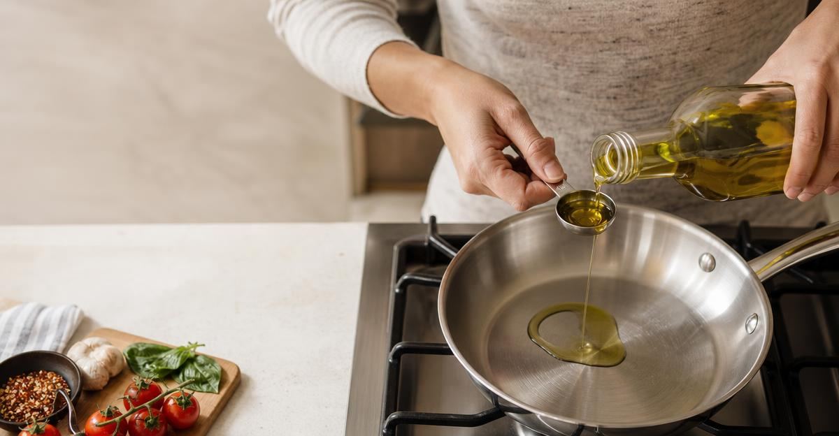 A person carefully measuring cooking oil into a stainless steel pan to accurately track dietary fats.