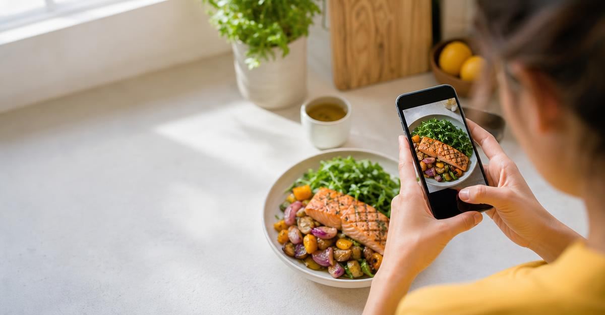 A person using a smartphone to photograph their healthy, colorful lunch in a bright, modern kitchen.
