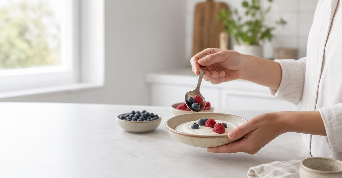 A person preparing a bowl of plain Greek yogurt with fresh berries.