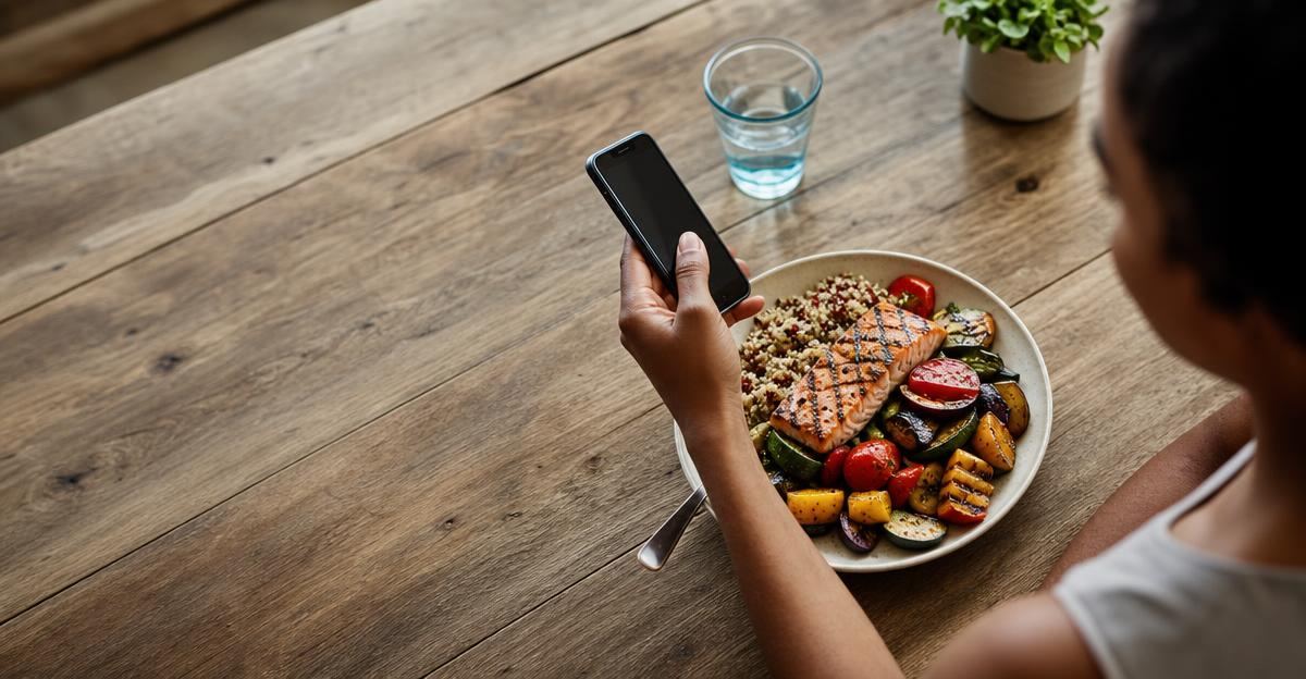 A person using a smartphone to photograph a balanced meal on a wooden table to track calories.