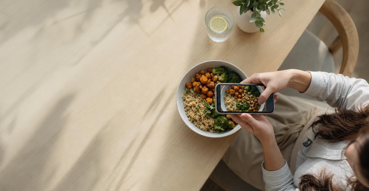 A person using a smartphone to photograph their healthy meal before eating.