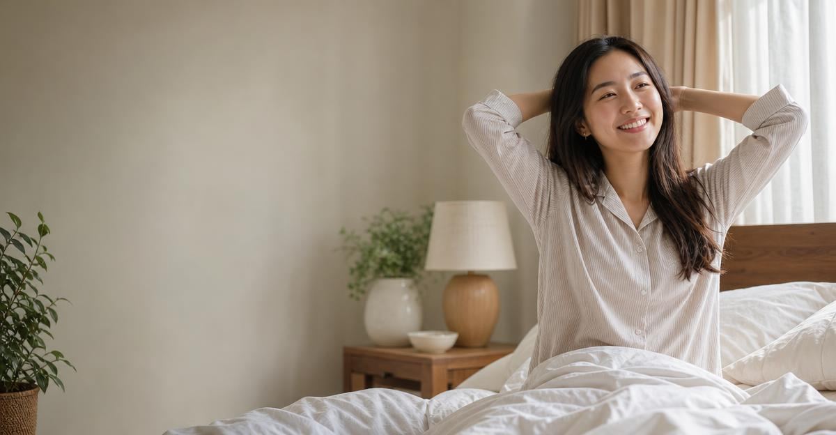 A person waking up feeling refreshed and alert as morning sunlight fills their bedroom.
