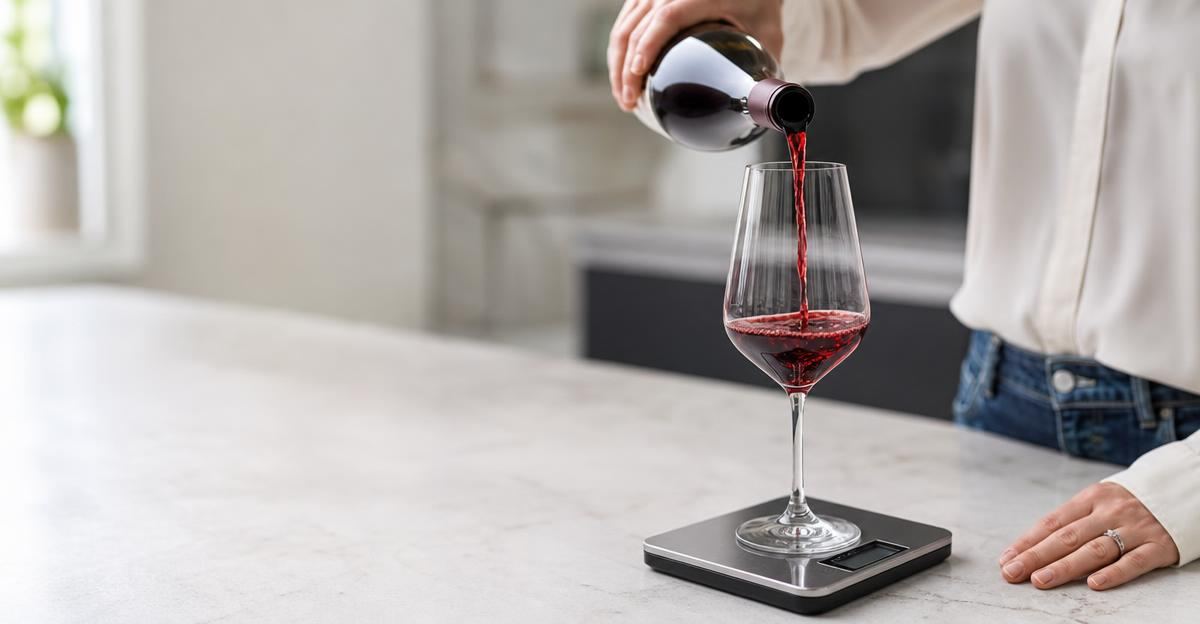 A person carefully measuring a serving of red wine into a glass to track alcohol calories.