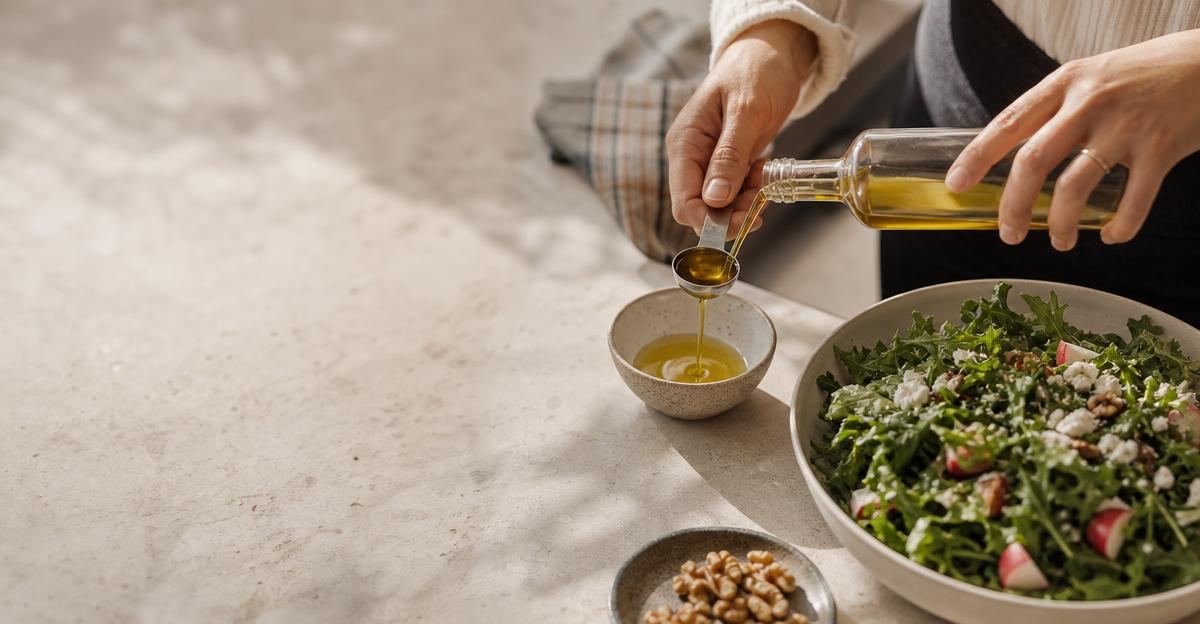 A person carefully measuring olive oil into a small dish for a healthy salad dressing.