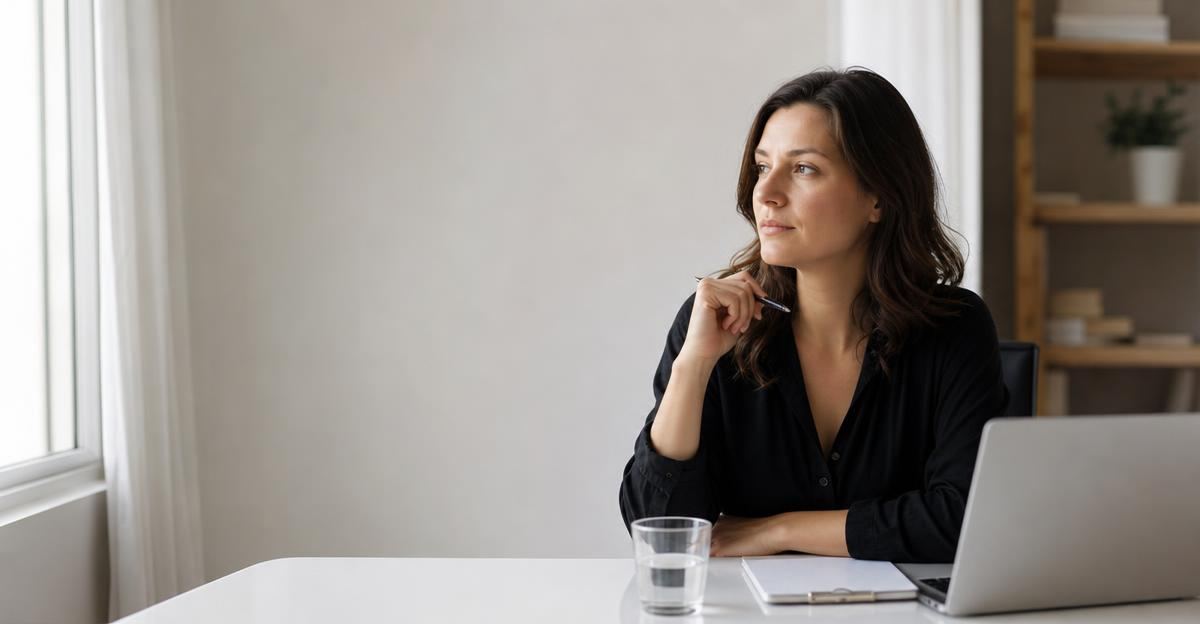A woman sits at a minimalist wooden desk with a notebook, taking a mindful break during a busy workday.