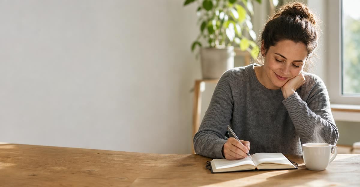 A person sitting at a bright wooden desk, writing in a planner while smiling.