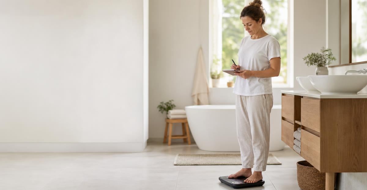 A person standing on a digital scale in a bright, modern bathroom while checking a notebook.