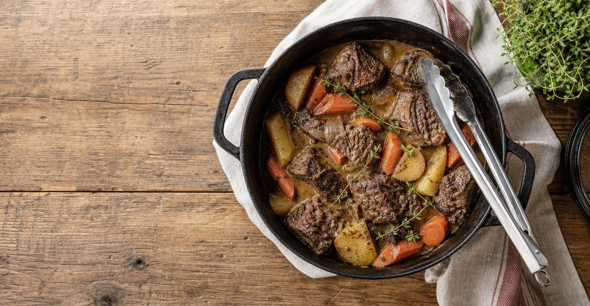 A top-down view of a home cook portioning slow-cooked beef from a heavy cast-iron pot.