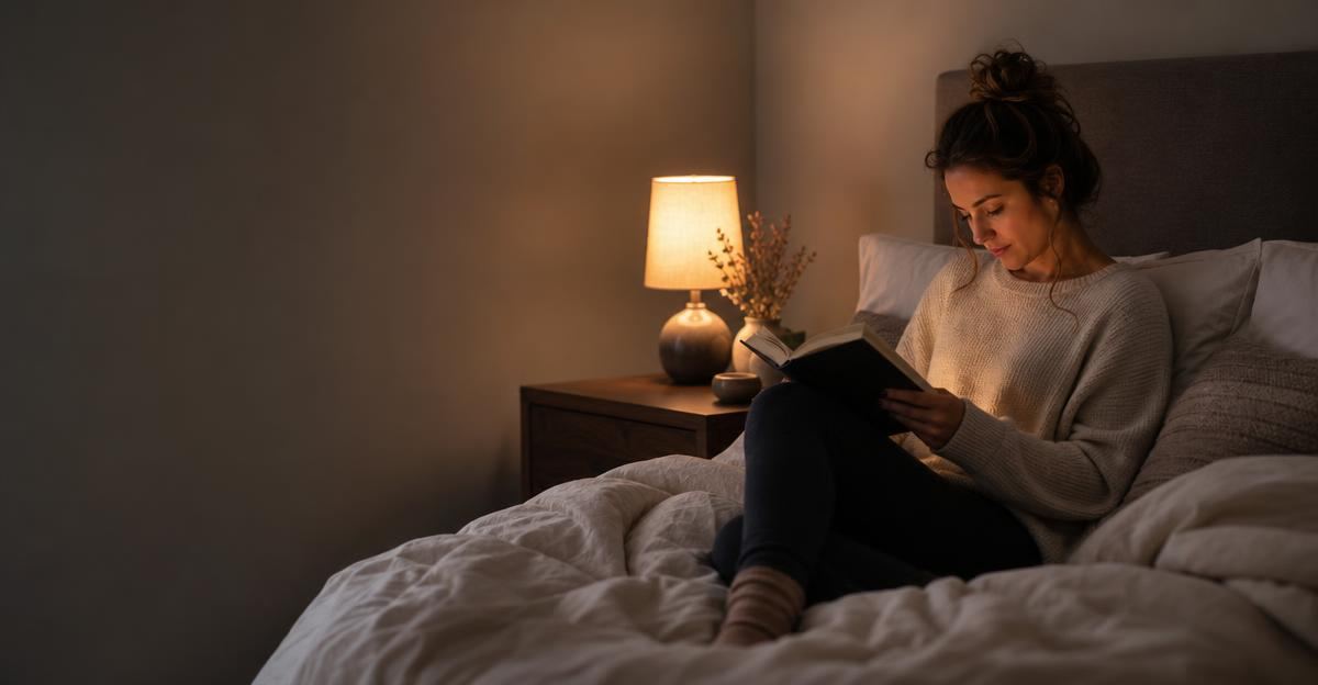 A person sits on their bed in soft evening light, calmly reading a book to help establish a sleep routine.