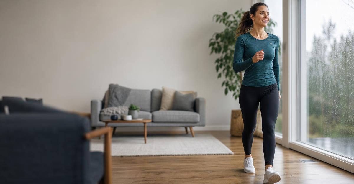 A person walking comfortably inside a bright, modern living room to reach their 10,000 steps goal.