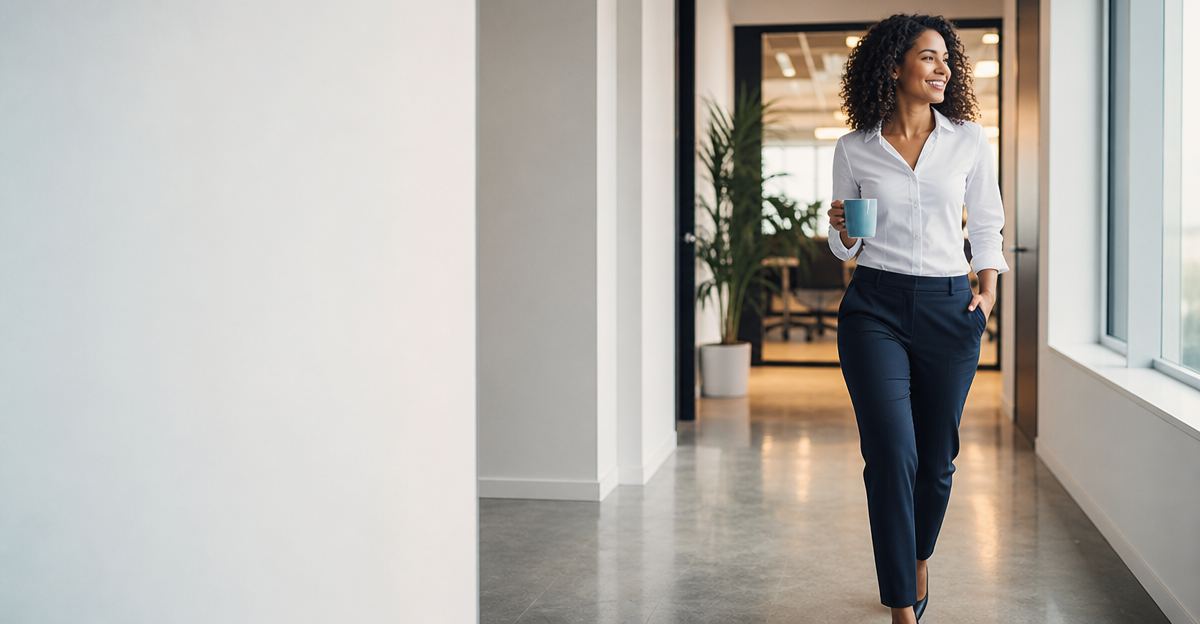 A professional woman in business casual clothes walking during a break at her modern office.