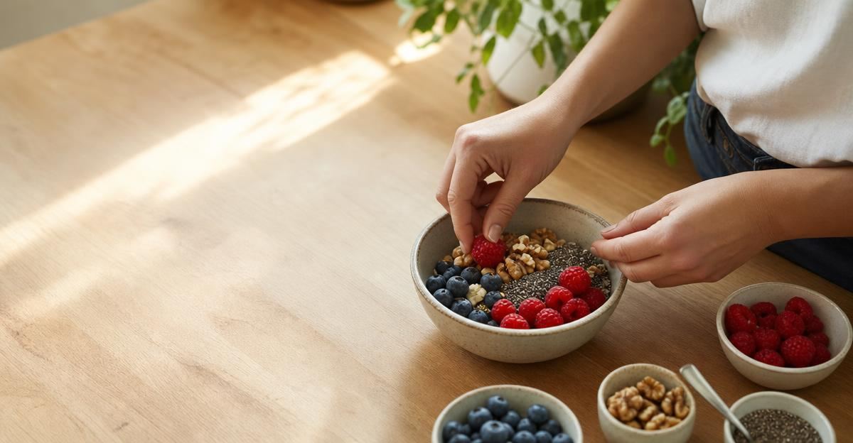 A person preparing a healthy bowl with fresh berries, nuts, and chia seeds for fiber intake.