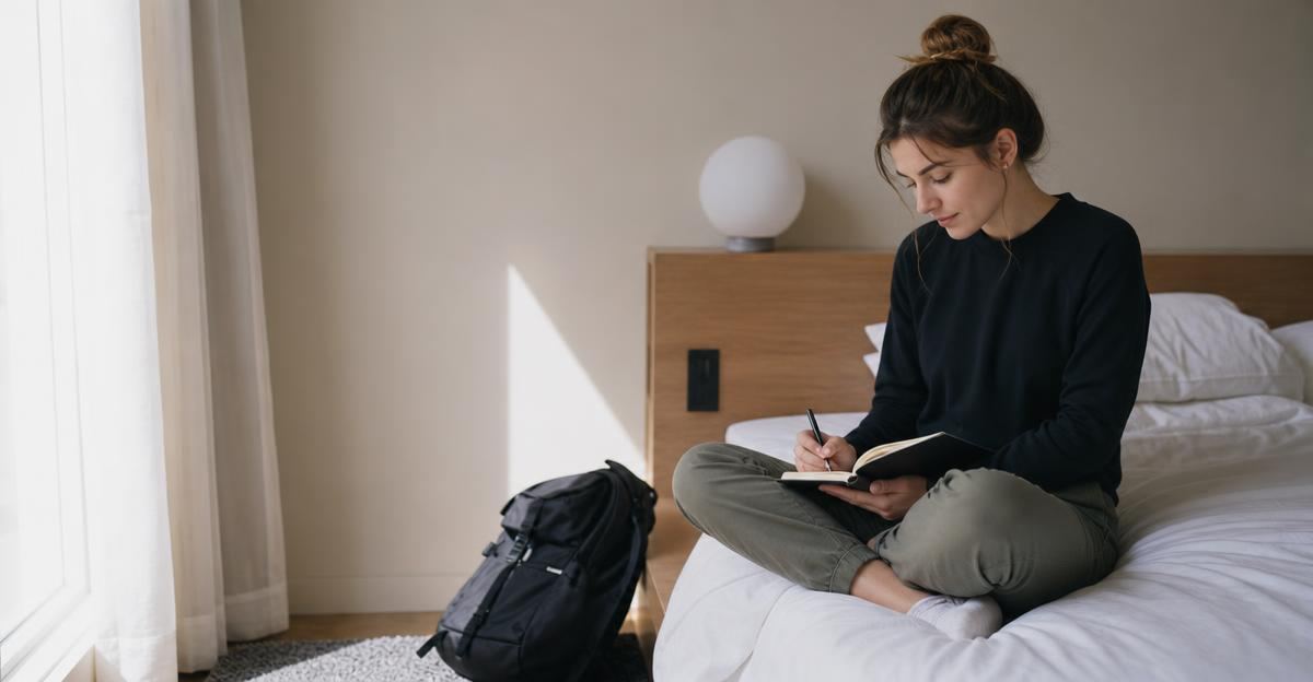 A woman sitting on a hotel bed, smiling while checking off a goal in a notebook.
