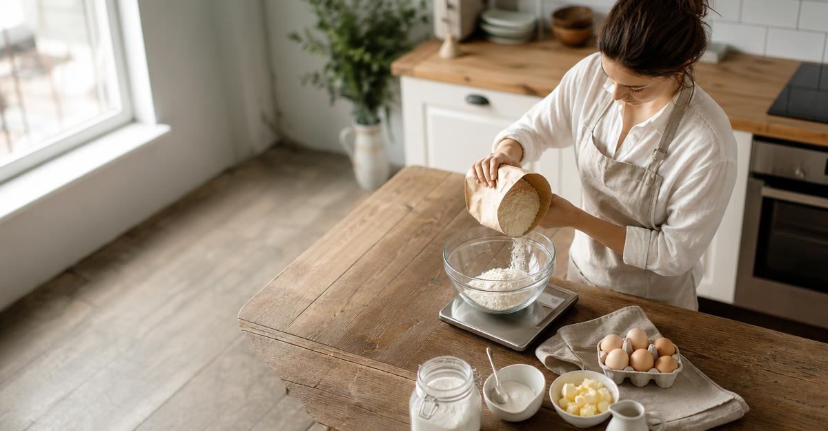 A person carefully weighing flour on a digital kitchen scale for a baking recipe.