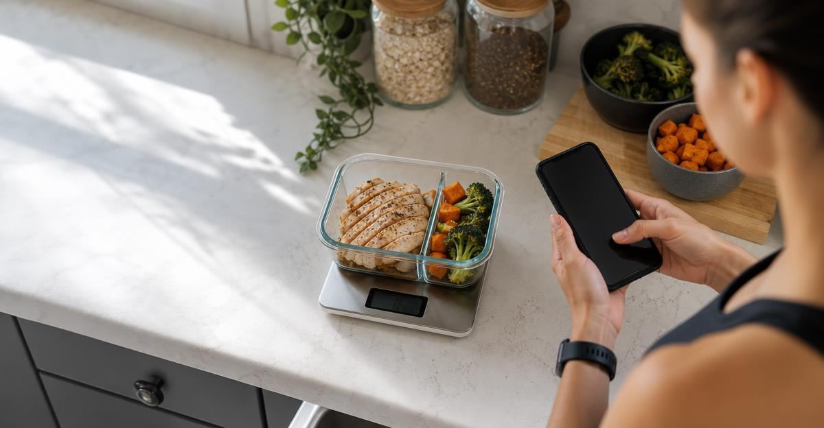 A person accurately logging a meal prep container on a food scale in a bright home kitchen.