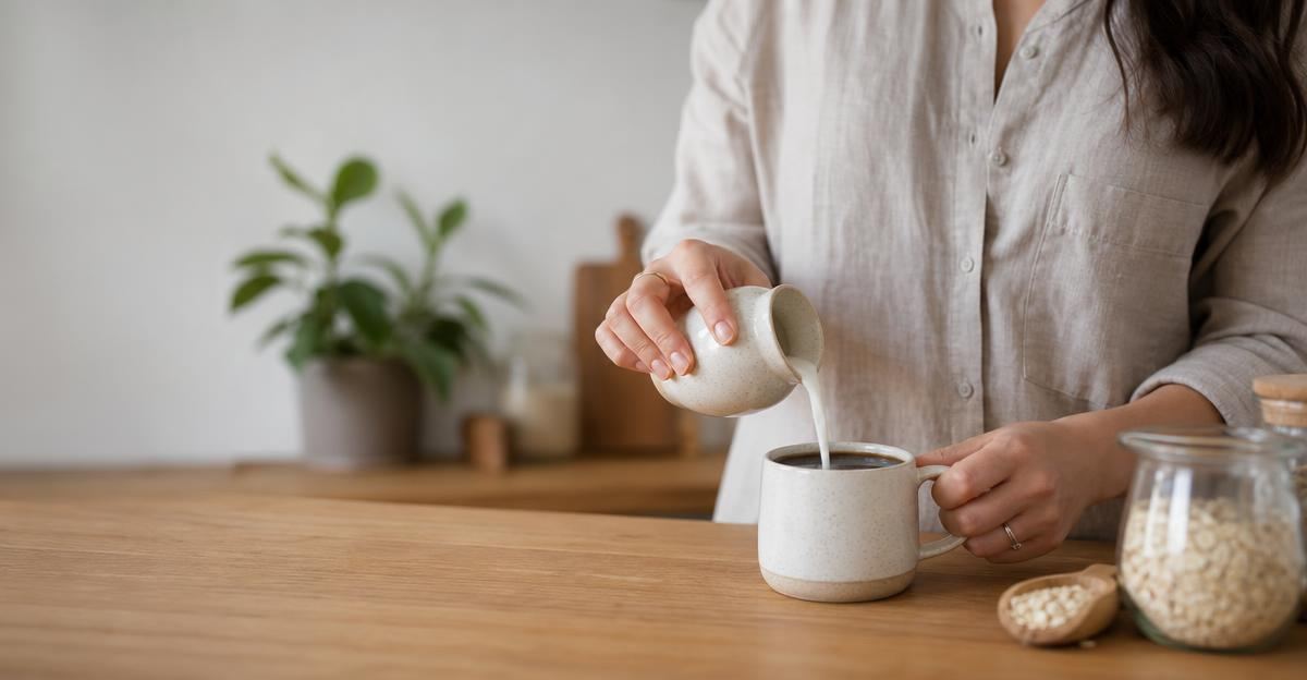 A person measures a splash of milk into their morning coffee to track liquid calories accurately.