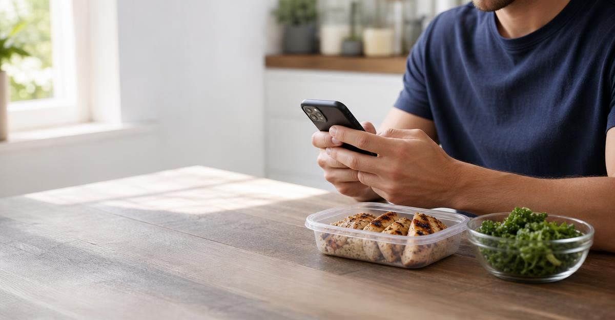 A person in a bright kitchen logging a store-bought pre-cooked meal in a nutrition tracker.