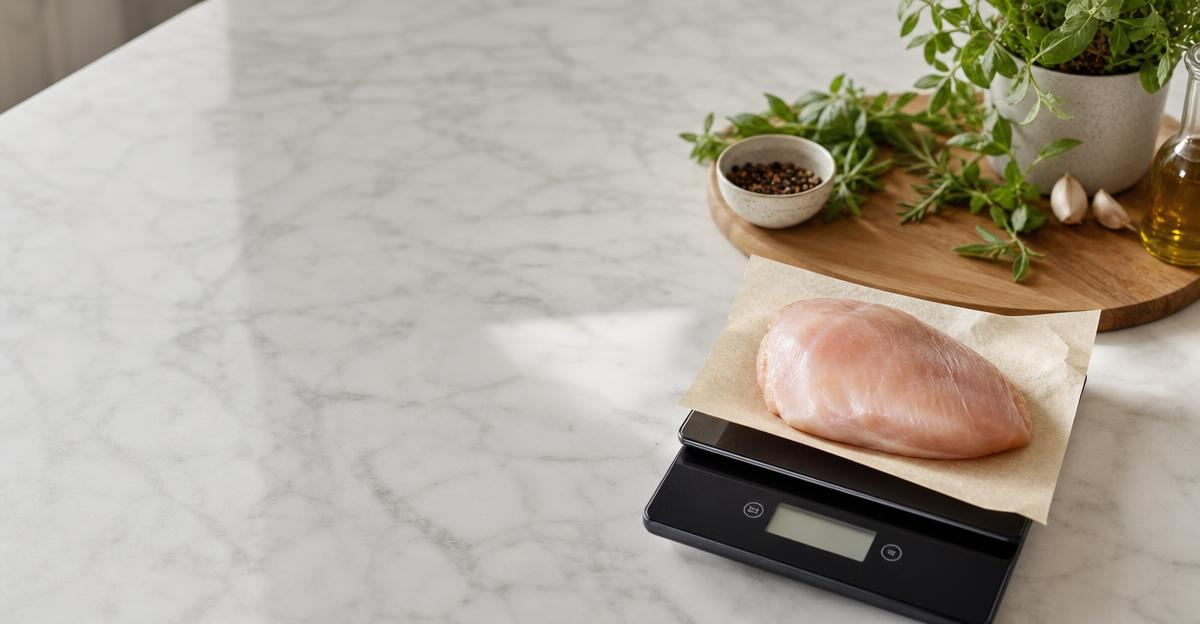 A kitchen scale displays the weight of a raw chicken breast on a cutting board.