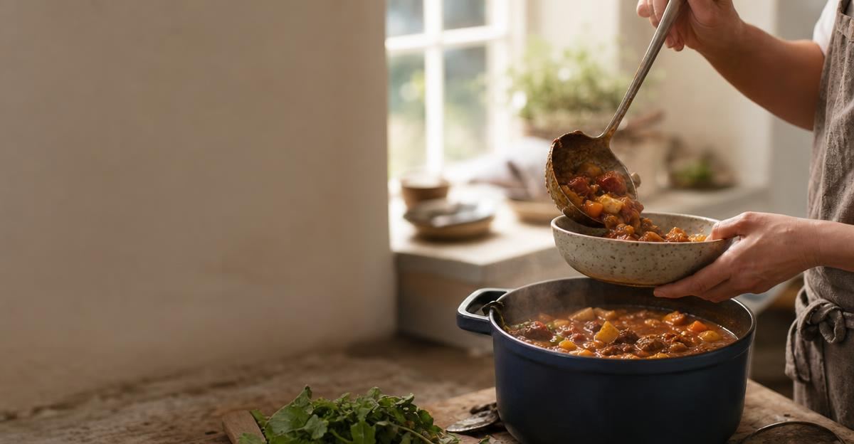 A person skillfully ladles a steaming, homemade vegetable stew into a ceramic bowl in a bright, modern kitchen.