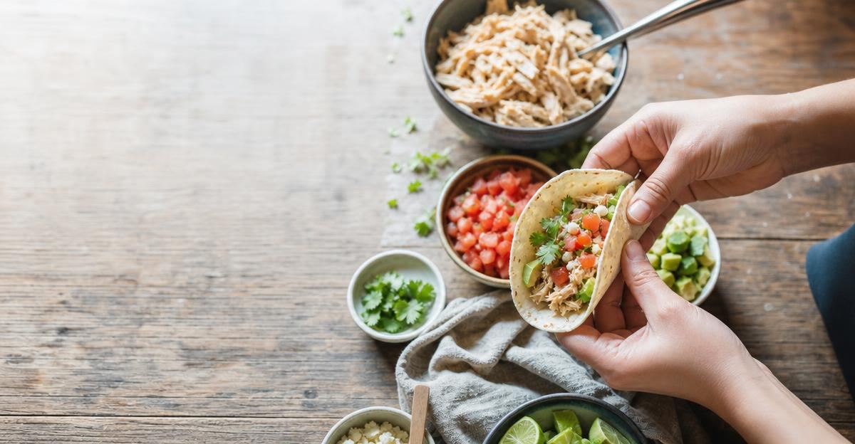 A person enjoying a healthy homemade taco at a wooden kitchen table.
