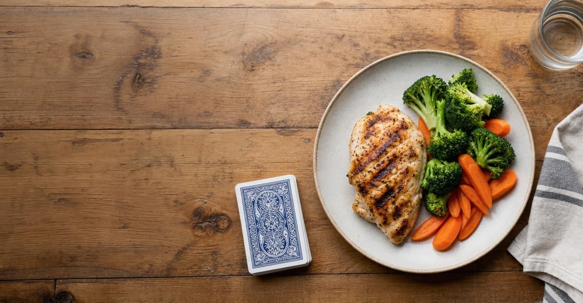 A person comparing a deck of cards to a portion of grilled chicken on a dinner plate.