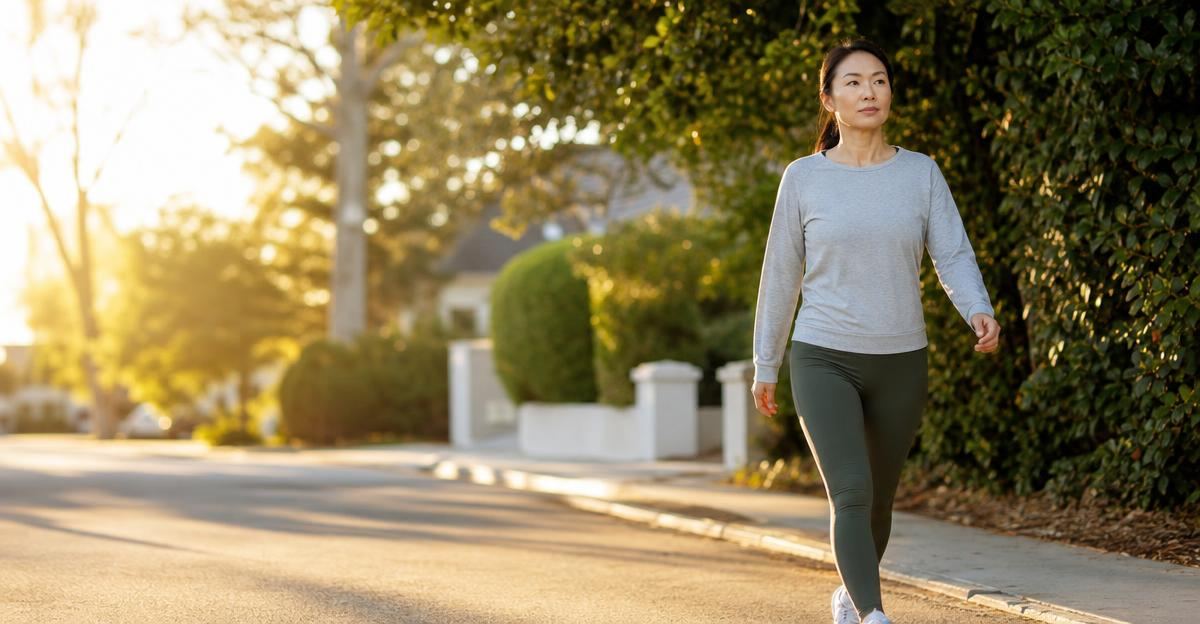 A person in comfortable clothes enjoys a morning walk through a quiet, tree-lined neighborhood street.