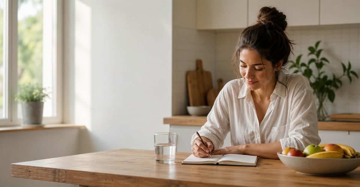 A person sits at a sunlit wooden table tracking their daily health habits in a journal while drinking water.