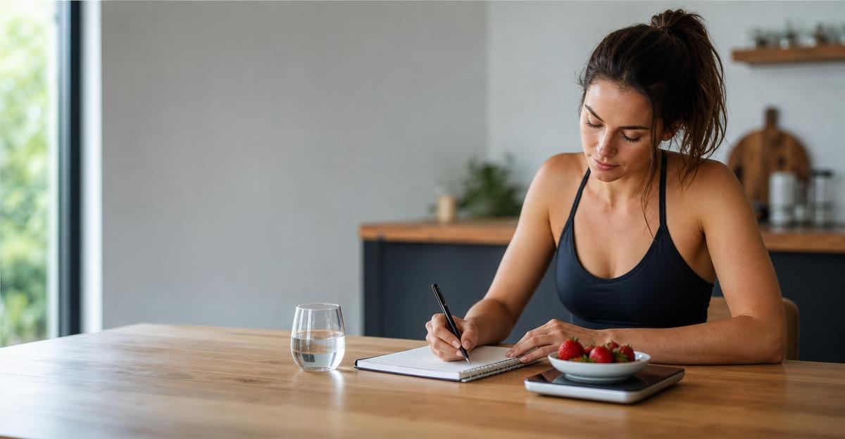 A person records their daily weight and nutrition progress in a physical notebook while sitting in a sunlit kitchen.