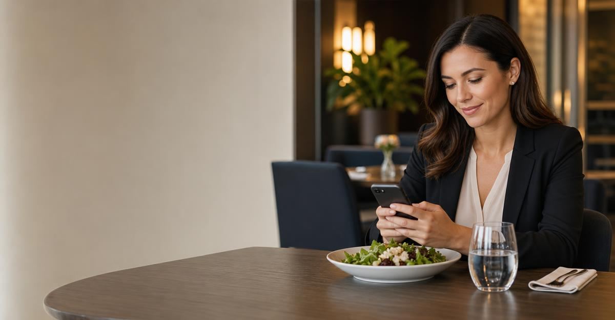 A professional woman uses her phone to log her meal while sitting at a hotel restaurant table.