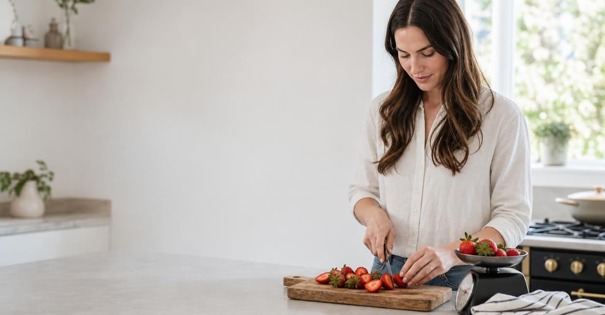 A woman slices fresh strawberries on a wooden cutting board in a sunlit kitchen.
