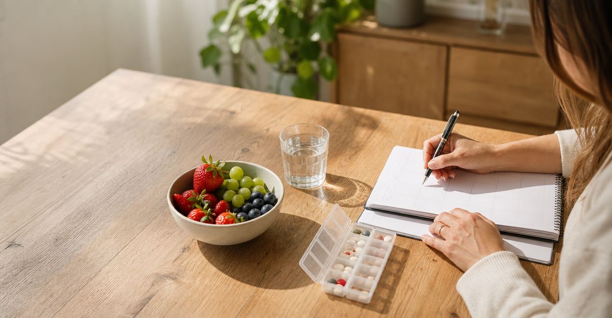 A woman sits at a bright kitchen table filling out a personal planner next to a medication organizer and a glass of water.