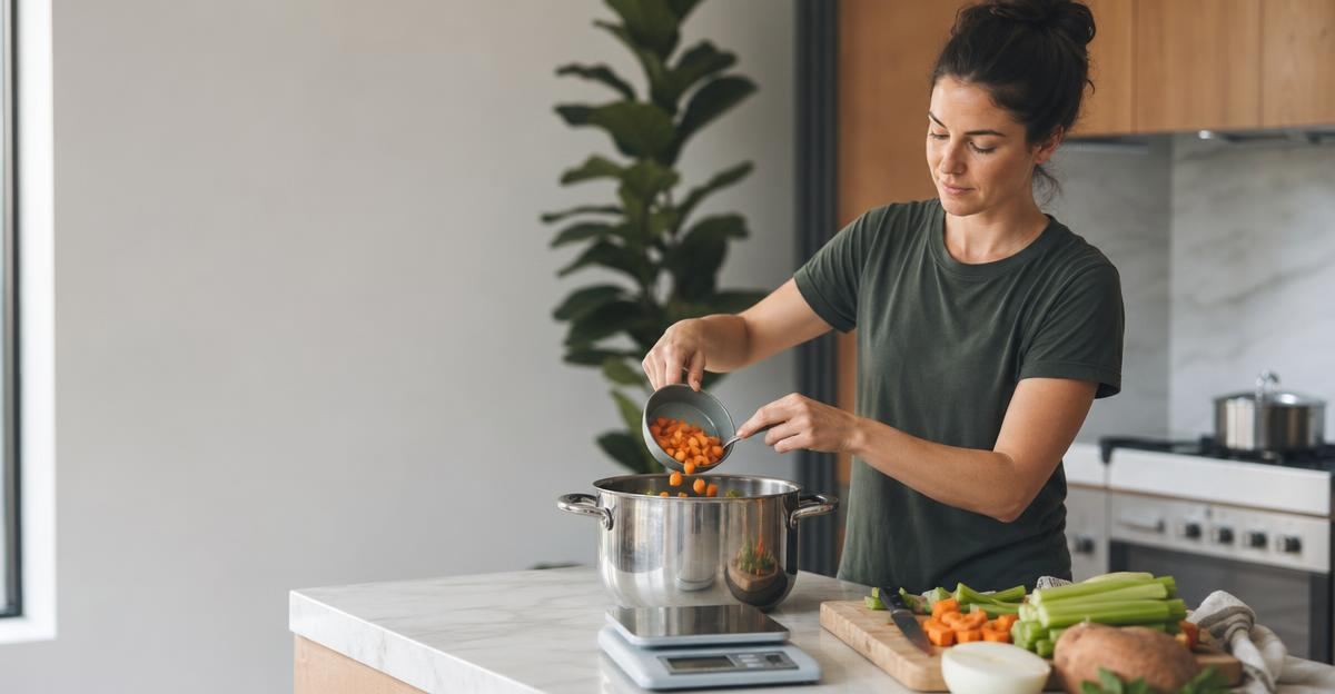A person measuring ingredients while preparing a healthy homemade soup in a bright kitchen.
