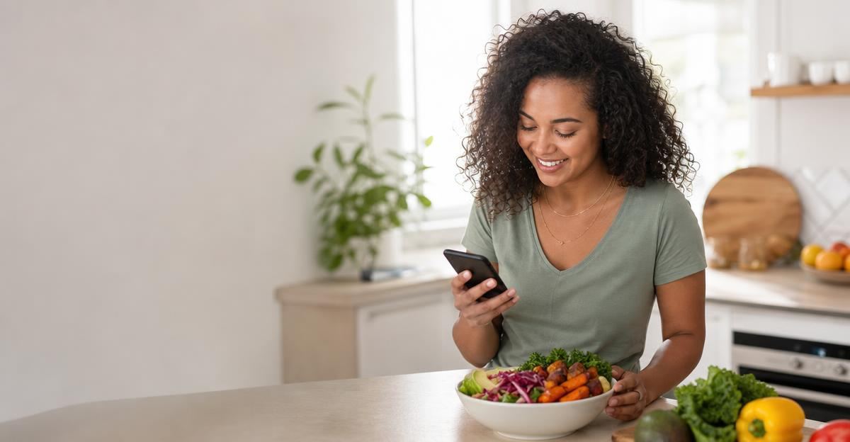 A person quickly logging a healthy homemade meal into a phone app in a bright, modern kitchen.