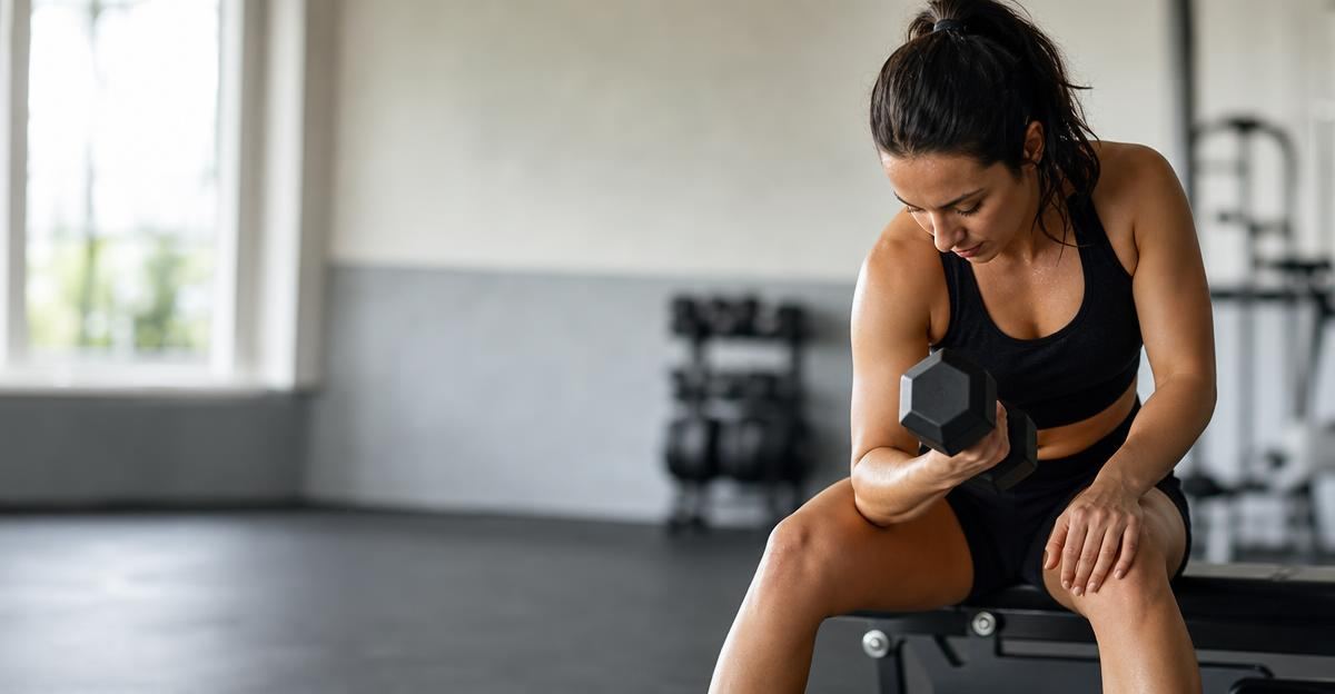 A person lifting a dumbbell in a sunlit gym, focusing on mindful progressive overload training.