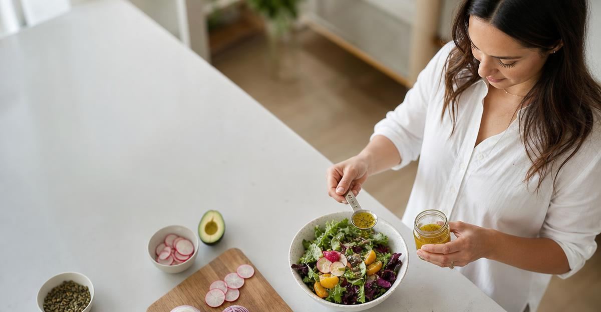 A woman measuring a small amount of salad dressing for a meal as part of her health tracking routine.