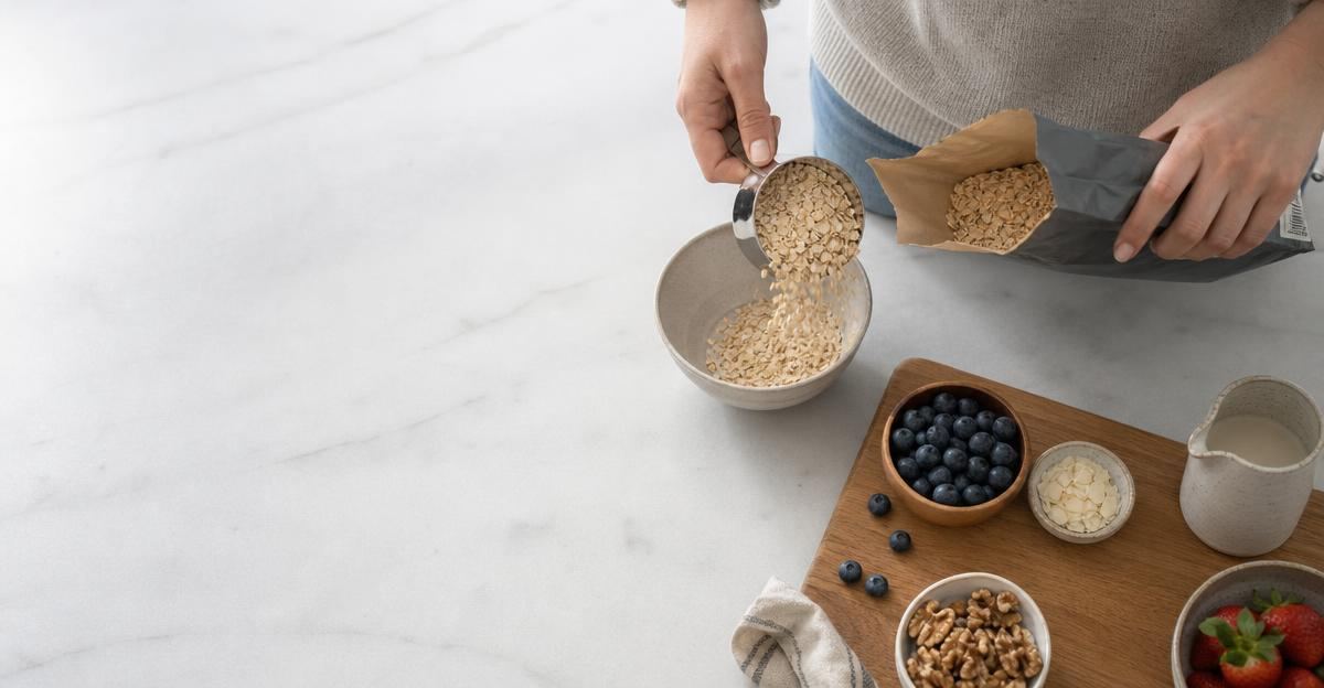 A person measures dry rolled oats into a bowl in a bright, modern kitchen for a healthy oatmeal breakfast.
