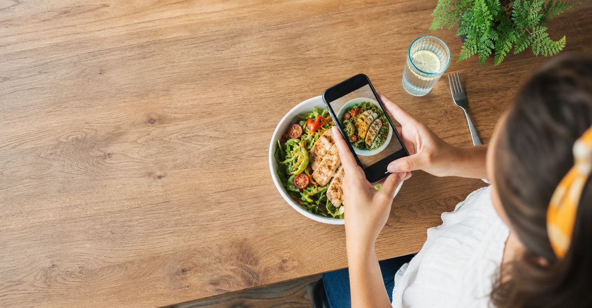A person using a smartphone to photograph their healthy meal before eating.