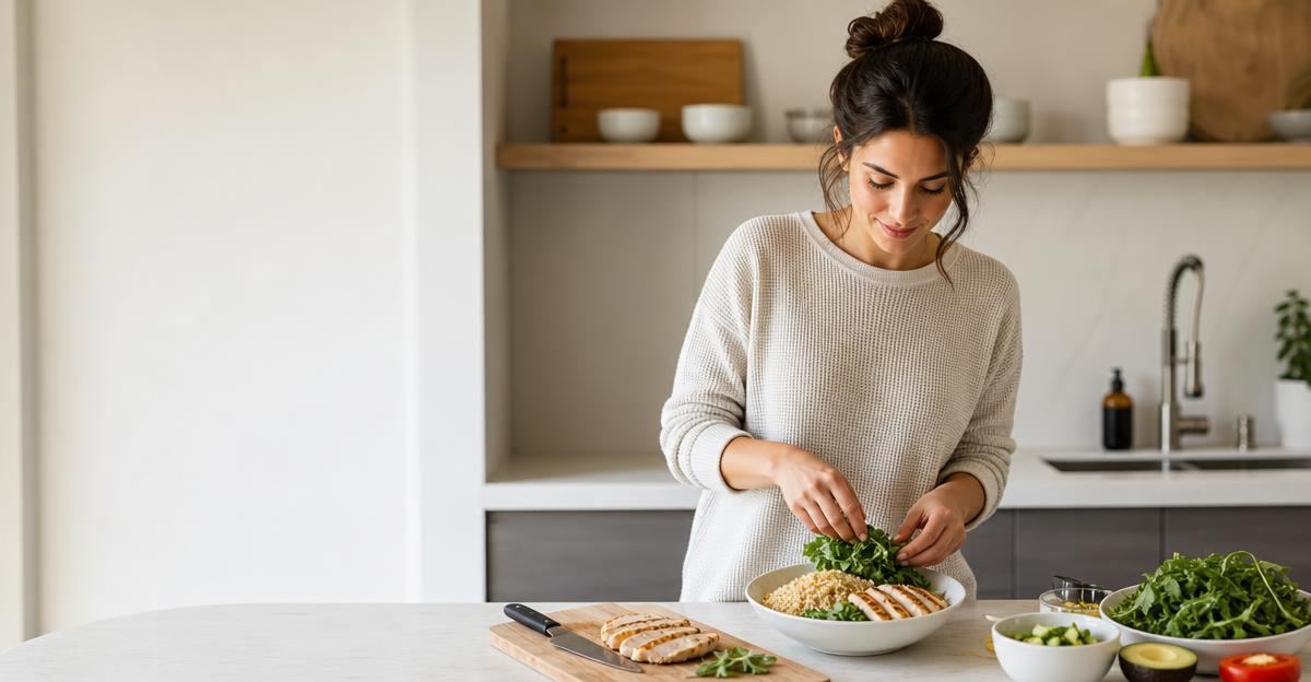 A person preparing a balanced meal containing grilled chicken and vegetables in a sunlit kitchen.