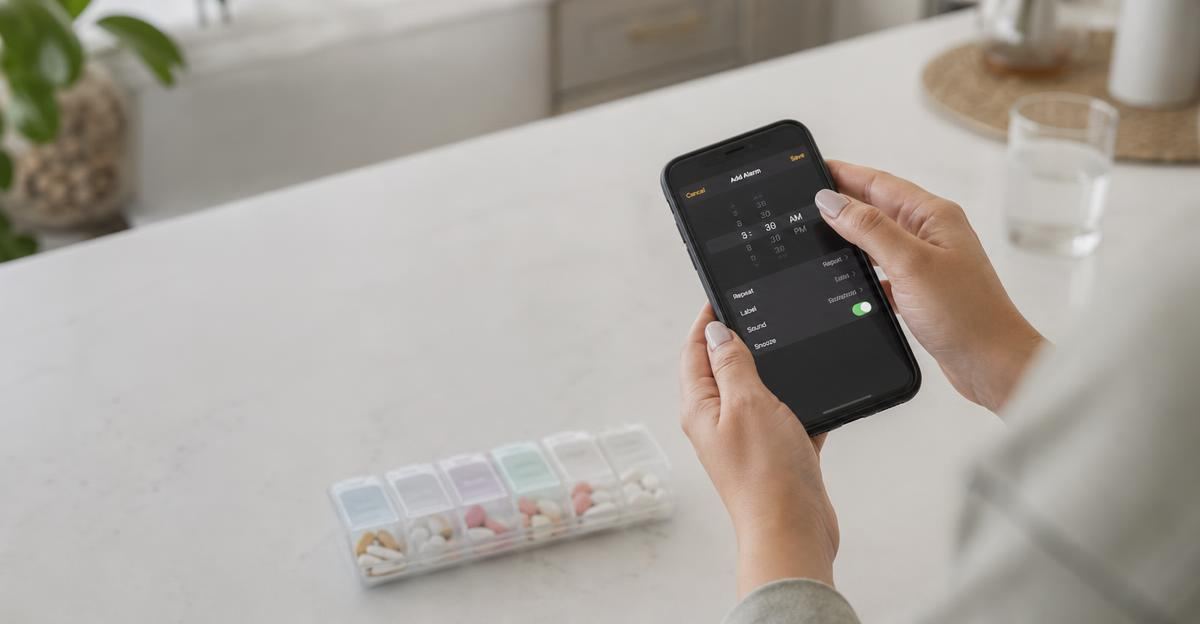 A person setting up a medication reminder on their smartphone in a sunlit kitchen.