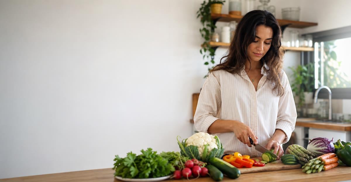 A woman laughing while chopping fresh broccoli and bell peppers on a wooden kitchen cutting board.