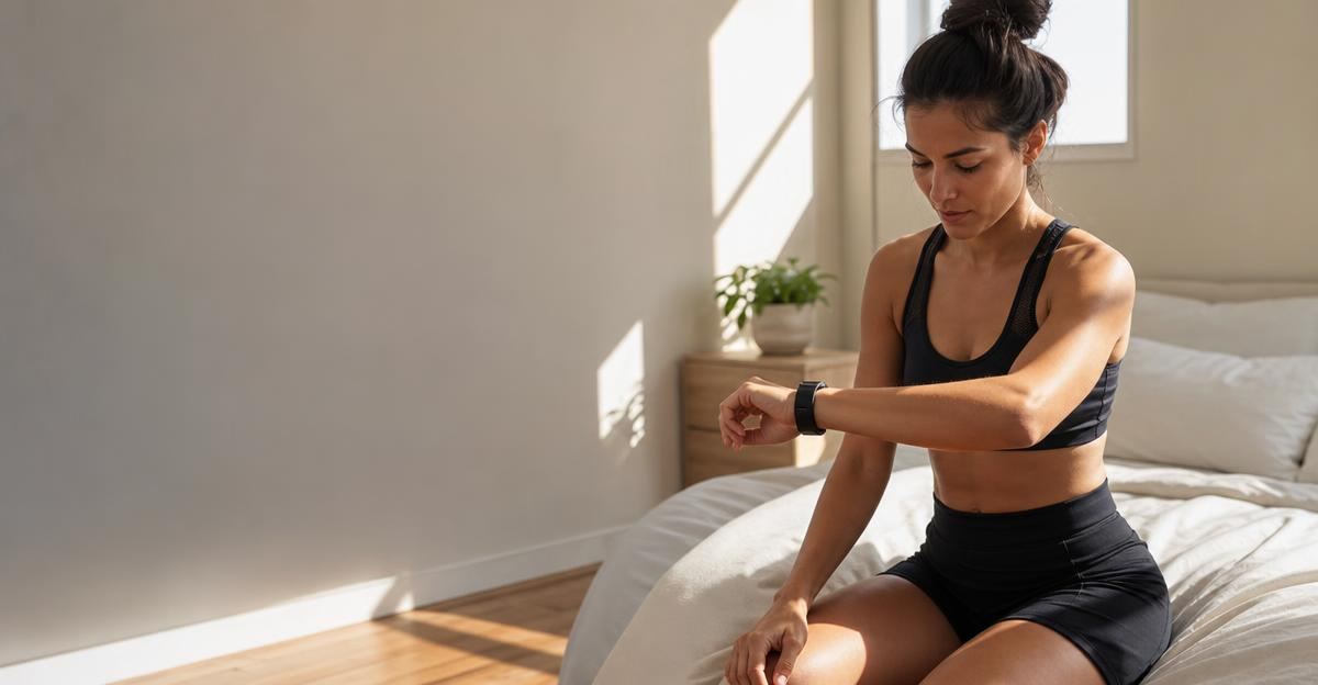 A person sitting on a bed in a sunlit bedroom looking at their sleep data on a fitness watch.