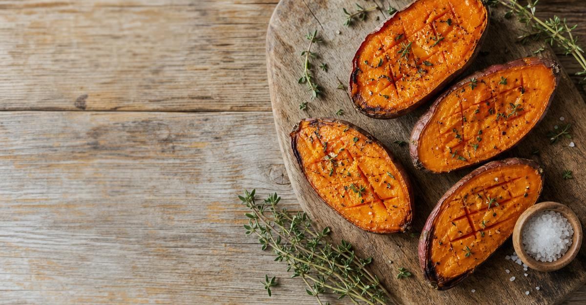 A variety of roasted sweet potatoes arranged on a rustic wooden table for a nutrition article.