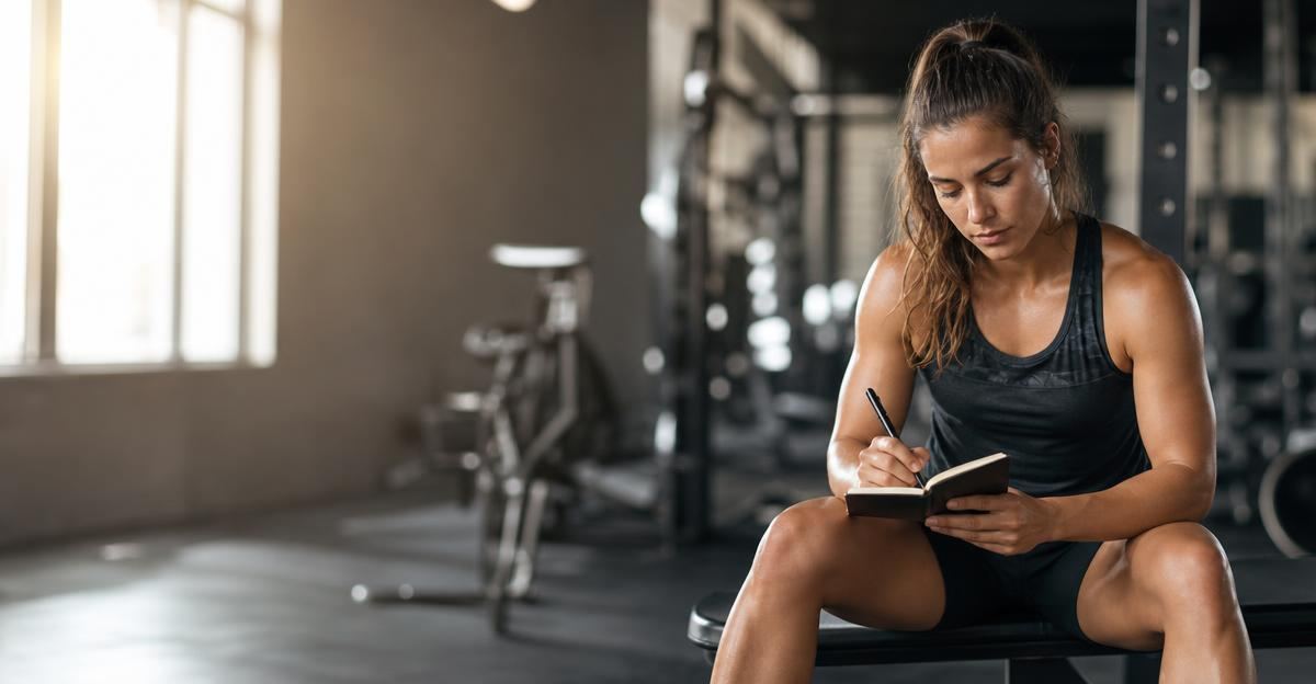 A woman records her workout intensity in a notebook while resting at the gym.