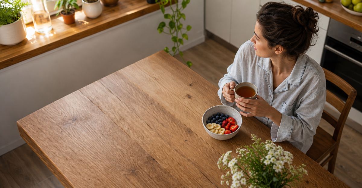 A person looking calm while sitting at a kitchen table with a healthy breakfast.