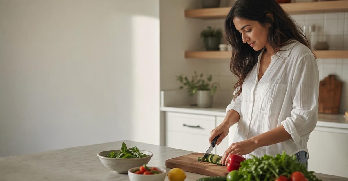 A person thoughtfully preparing a colorful, healthy salad in a bright, modern kitchen.