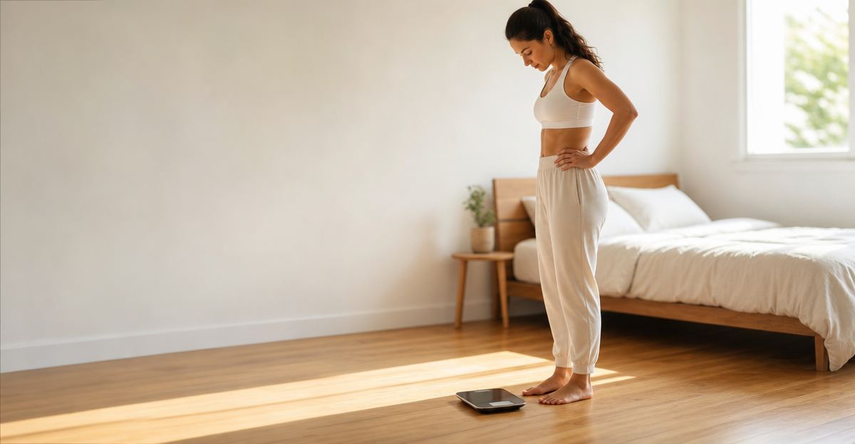 A person looking at a digital scale with a calm and thoughtful expression in a bright bedroom.