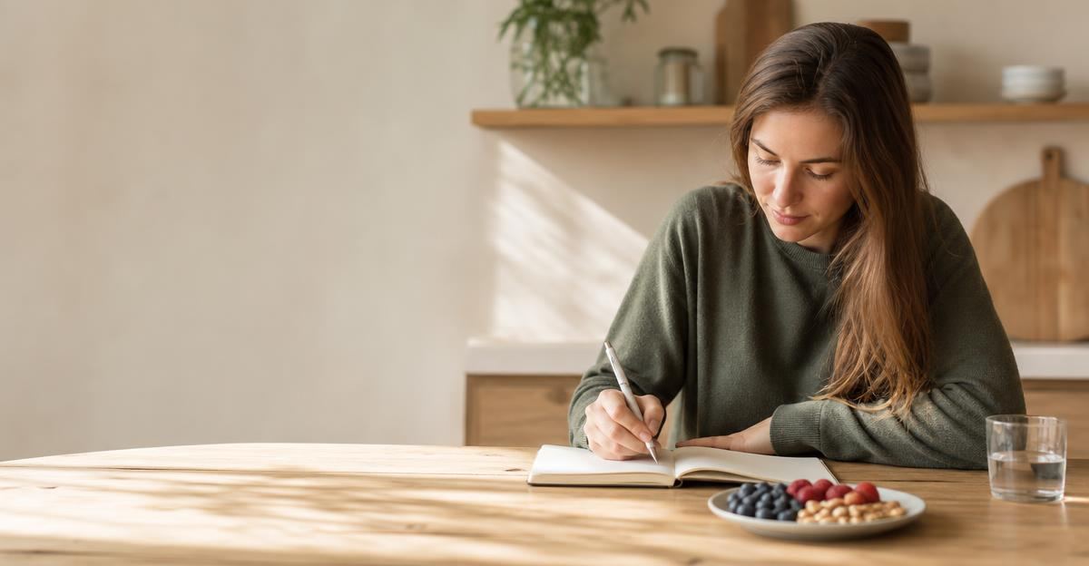 A person sits at a sunlit wooden table journaling their sleep habits next to a nutritious snack.